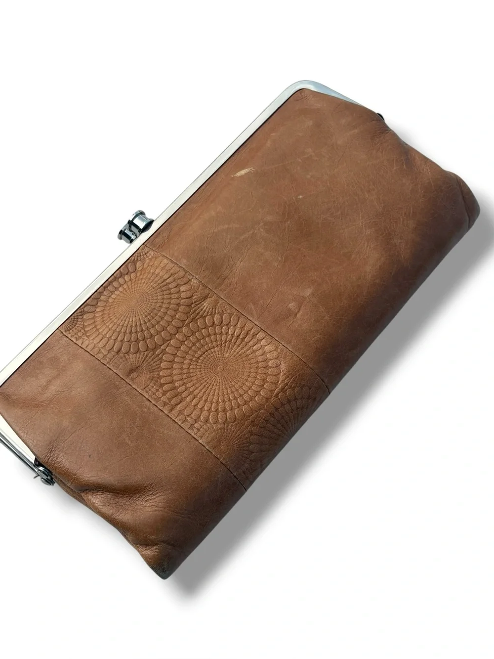 HOBO Lauren Clutch Wallet Brown Leather Embossed Frame Kiss Lock Organizer